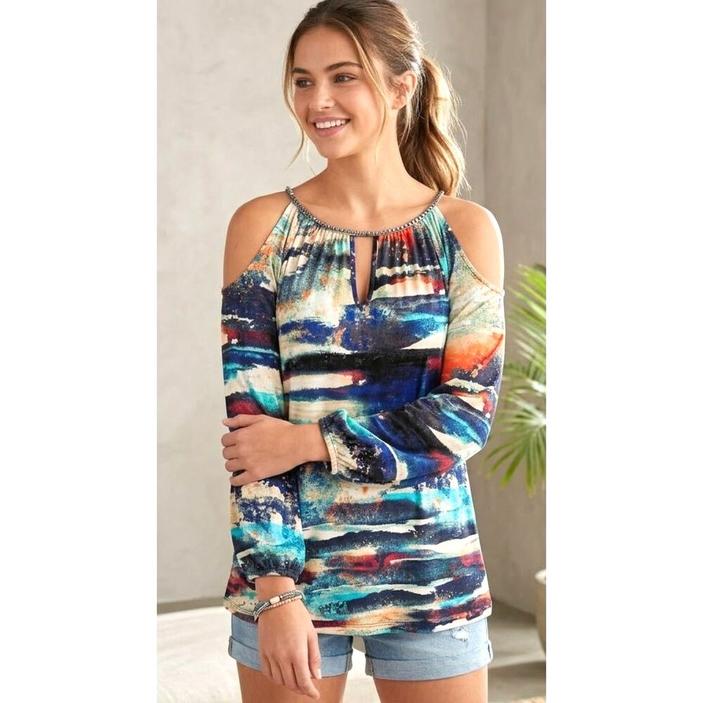 Cupio Cold Shoulder Tunic Top M Abstract Paint Stroke Keyhole Metal Trim NWT